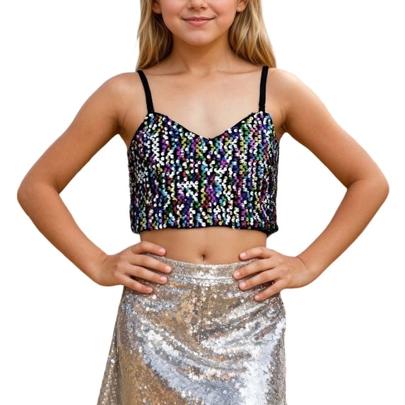 Daznico The Girls' Carnival Adjustable Elastic Band Sequined Top Exposes The Navel for Children,Mardi Gras Clothing,L