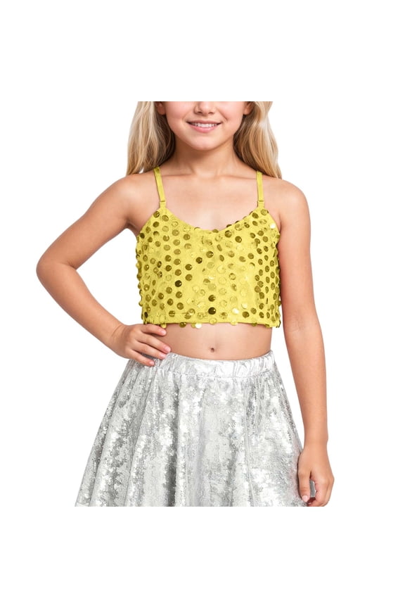 The Girls' Carnival Adjustable Elastic Band Sequined Top Exposes The Navel for Children,Mardi Gras Clothing,M