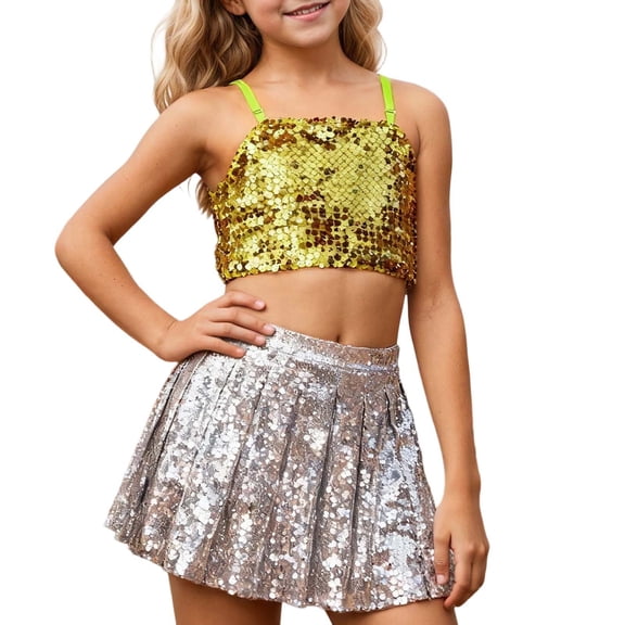 Daznico The Girls' Carnival Adjustable Elastic Band Sequined Top Exposes The Navel for Children,Mardi Gras Clothing,XS