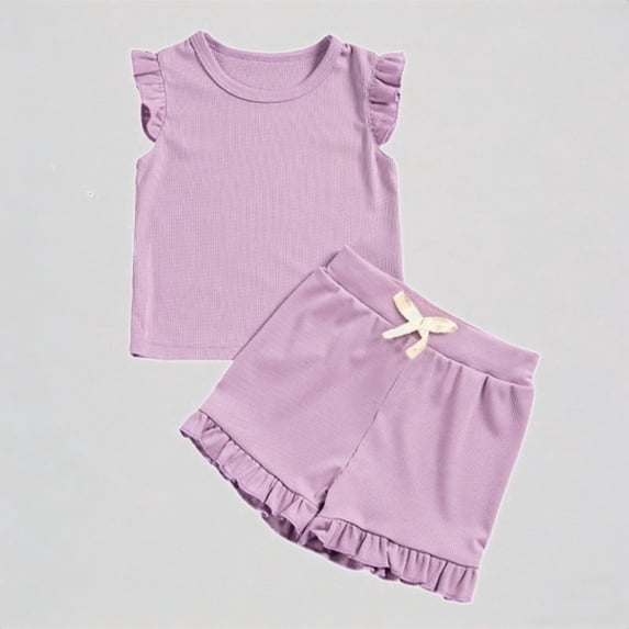 Daznico Toddler Girls Summer 2 Piece Outfit Set Ruffle Ribbed Knit Sleeveless Top & Bow Shorts Soft Stretchy for Casual Daily Beach Playwear,5-6 Years
