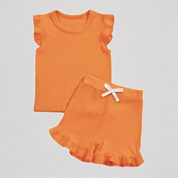 Daznico Toddler Girls Summer 2 Piece Outfit Set Ruffle Ribbed Knit Sleeveless Top & Bow Shorts Soft Stretchy for Casual Daily Beach Playwear,6-12 Months