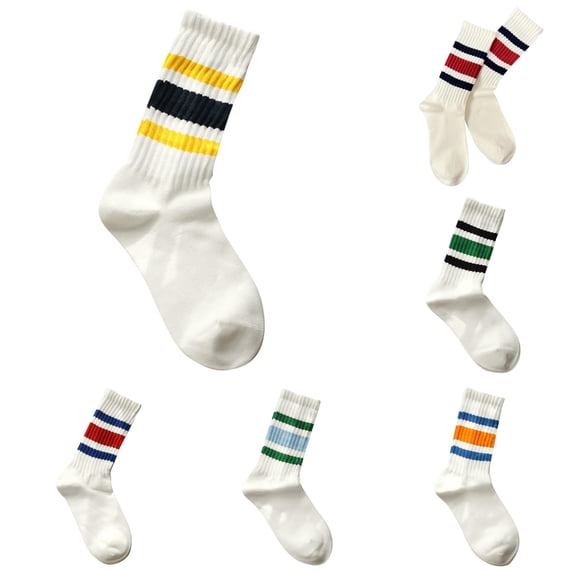 Daznico Unisex Couple Vertical Ribbed Triple Stripe Mid Calf Crew Socks Thick Soft Knit Comfort Stockings Retro Sporty Japanese Style for Daily Casual Street Wear