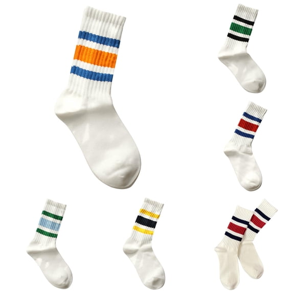 Daznico Unisex Couple Vertical Ribbed Triple Stripe Mid Calf Crew Socks Thick Soft Knit Comfort Stockings Retro Sporty Japanese Style for Daily Casual Street Wear