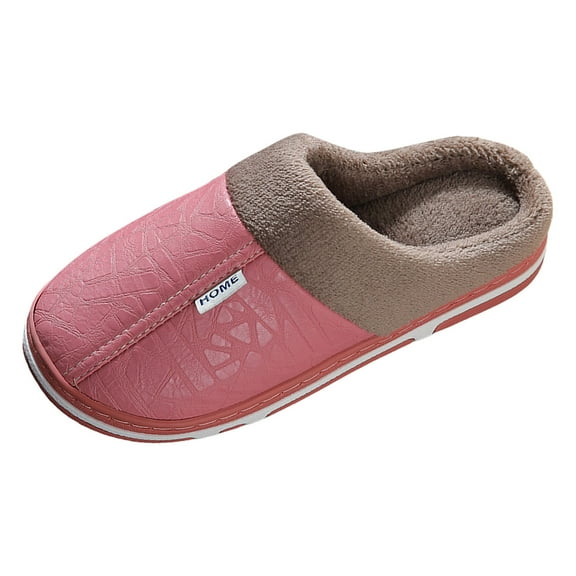 Daznico Unisex Leather Slippers Waterproof Indoor Outdoor House Shoes Solid Color Plush Lined Warm Cozy for Fall Winter,Color:Pink,Size:7.5