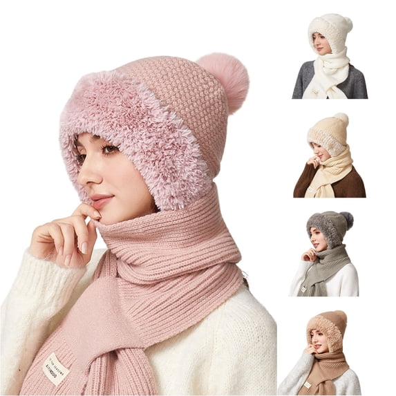 Daznico Waffle Knit Pom Pom Beanie and Ribbed Knit Long Scarf 2 Piece Set Lined Thermal Winter Accessories for Ladies Daily Outdoor Activities in Cold Weather