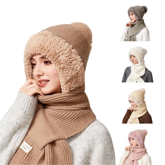 Daznico Waffle Knit Pom Pom Beanie and Ribbed Knit Long Scarf 2 Piece Set Lined Thermal Winter Accessories for Ladies Daily Outdoor Activities in Cold Weather