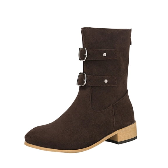 Daznico Winter Boots for Women,Mid Calf Boots Suede Round Toe Flat Heel Buckle Decorated on Western Ankle Boots Casual Riding Footwear,Shoes for Winter,Size:5