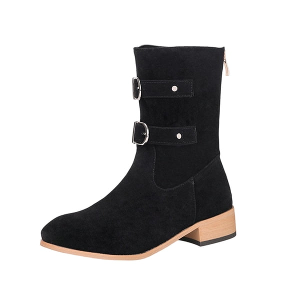 Daznico Winter Boots for Women,Mid Calf Boots Suede Round Toe Flat Heel Buckle Decorated on Western Ankle Boots Casual Riding Footwear,Shoes for Winter,Size:7.5