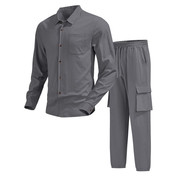 Daznico Winter Coats for Men,Linen Casual Notch Lapel Long Sleeve Shirt with Workwear Trousers Breathable Outfit for Daily Wear and Business Casual Occasions Modern Stylish,Size:XXL