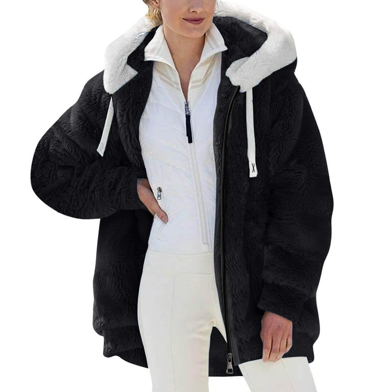 Daznico Winter Coats for Women Women s Cropped Jacket Winter Soft Long Sleeve Coat Plus Size Casual Color Block Plush Sweatshirt Zipper Hoodie Loose Warm Coat Black 2XL Walmart