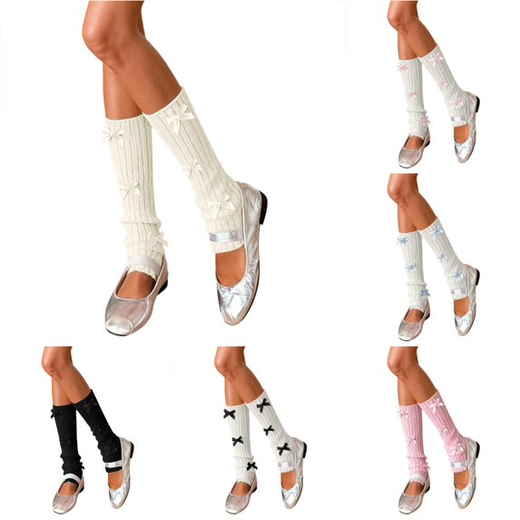 Daznico Women Calf High Slouch Ribbed Knit Socks Multi Satin Bow Stretch Stackable Thermal Leg Warmers for Balletcore Fall Winter Daily Skirt Matching Outfits