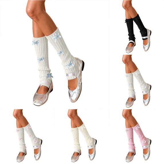 Daznico Women Calf High Slouch Ribbed Knit Socks Multi Satin Bow Stretch Stackable Thermal Leg Warmers for Balletcore Fall Winter Daily Skirt Matching Outfits