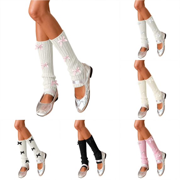 Daznico Women Calf High Slouch Ribbed Knit Socks Multi Satin Bow Stretch Stackable Thermal Leg Warmers for Balletcore Fall Winter Daily Skirt Matching Outfits