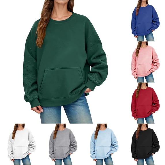 Daznico Women Crewneck Sweatshirt Rhinestone Studded Long Sleeve Pullover with Kangaroo Pocket Loose Fit Outerwear for Autumn Winter Wear,XL