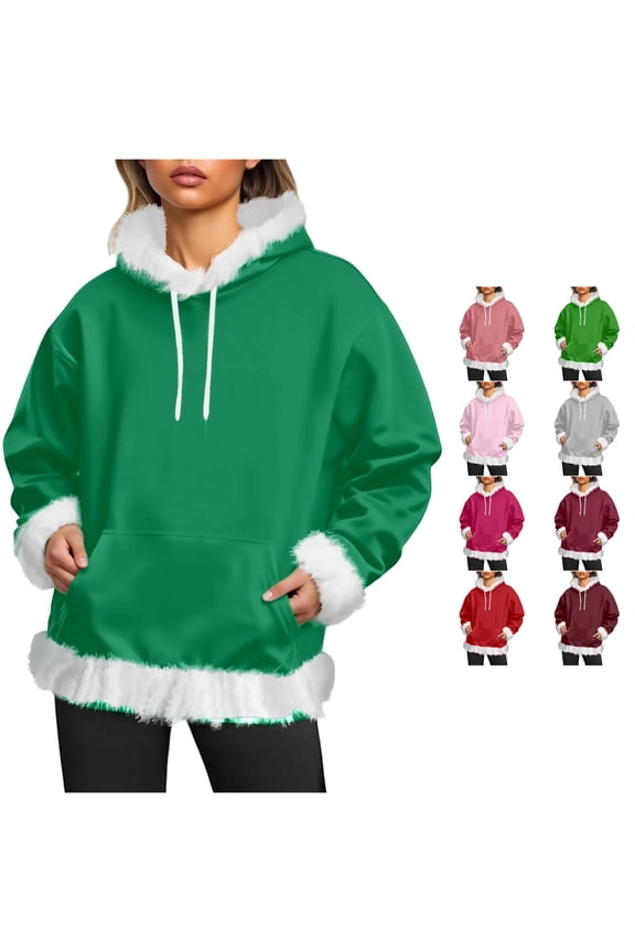 Women Trim Hooded Sweatshirt Long Sleeve Pullover with Kangaroo Pocket Soft Warm Winter Holiday Loungewear Outerwear Top,XXS