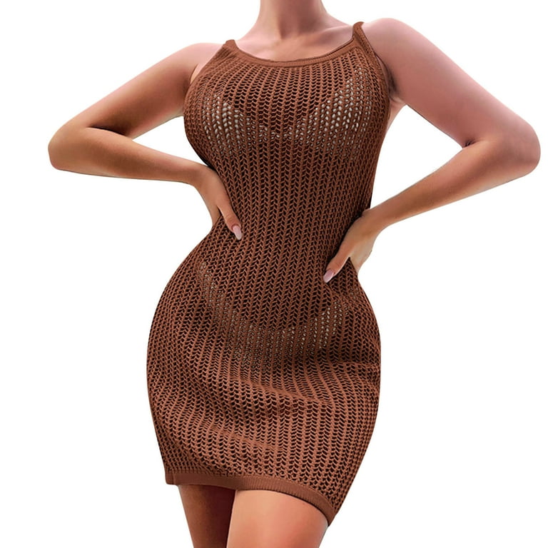 Daznico Women Halter Tight Hollow Dress Knitted Beach Dress Cover Up  Swimsuit Coverup for Women Brown One Size