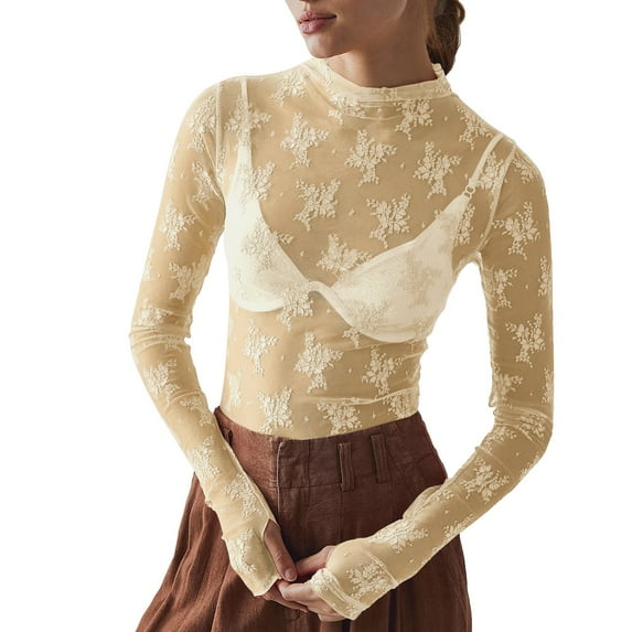 Daznico Women Mesh Long Sleeve Layering Top Neck Floral Embroidery Sheer See Through Tee Shirt Blouse,Size M