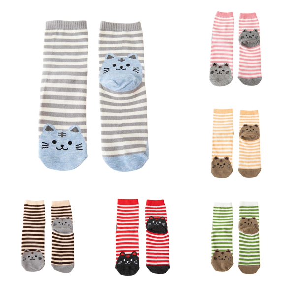 Daznico Women Mid Crew Ribbed Socks Stripe Cartoon Cat Face Novelty Print Soft Breathable Stretch Stockings for Girls Daily Casual Cute Outfit Matching