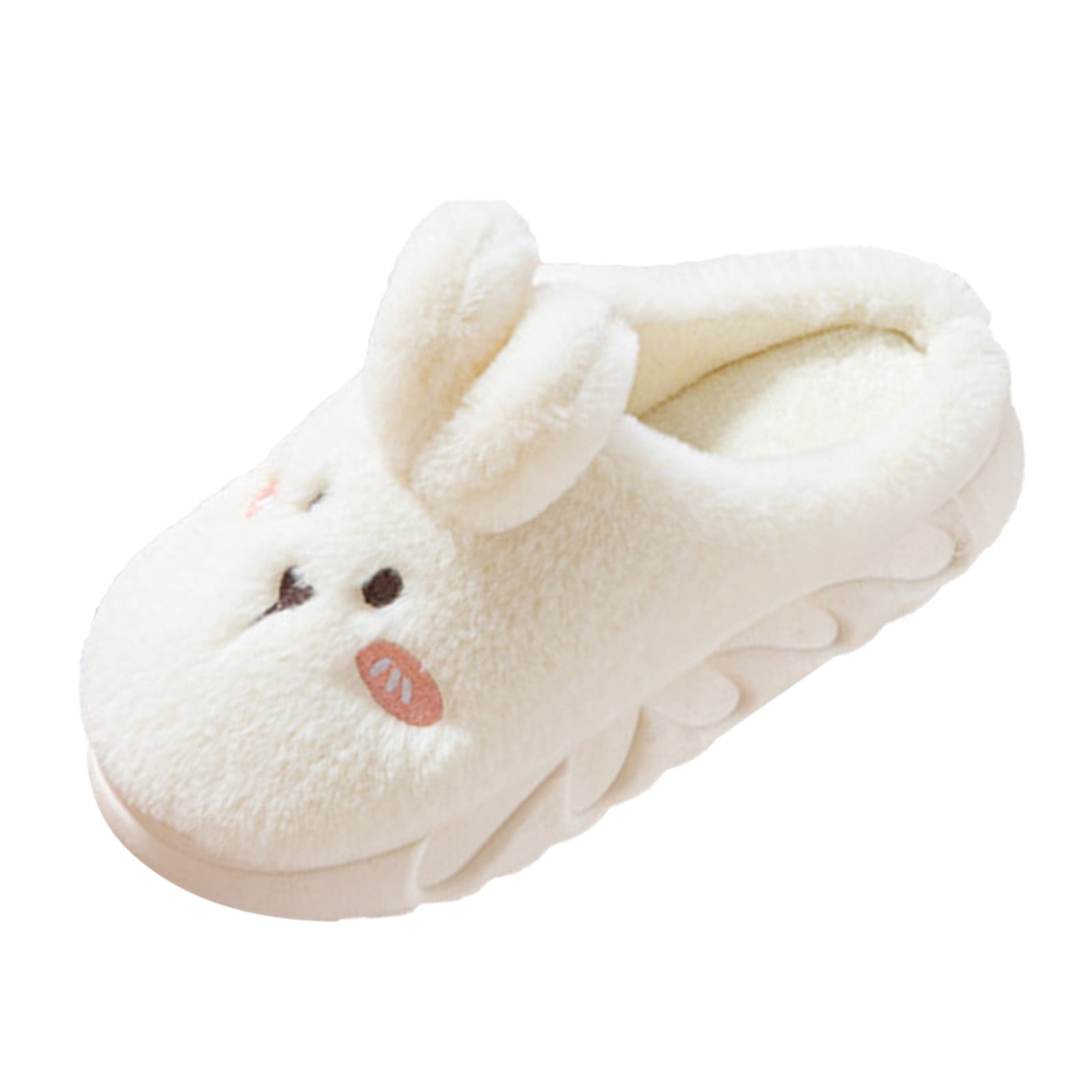 Fashion Winter Women Slippers Thick Bottom Flat Soft Warm Comfort Solid  Color Cute Rabbit Shape White 7.5