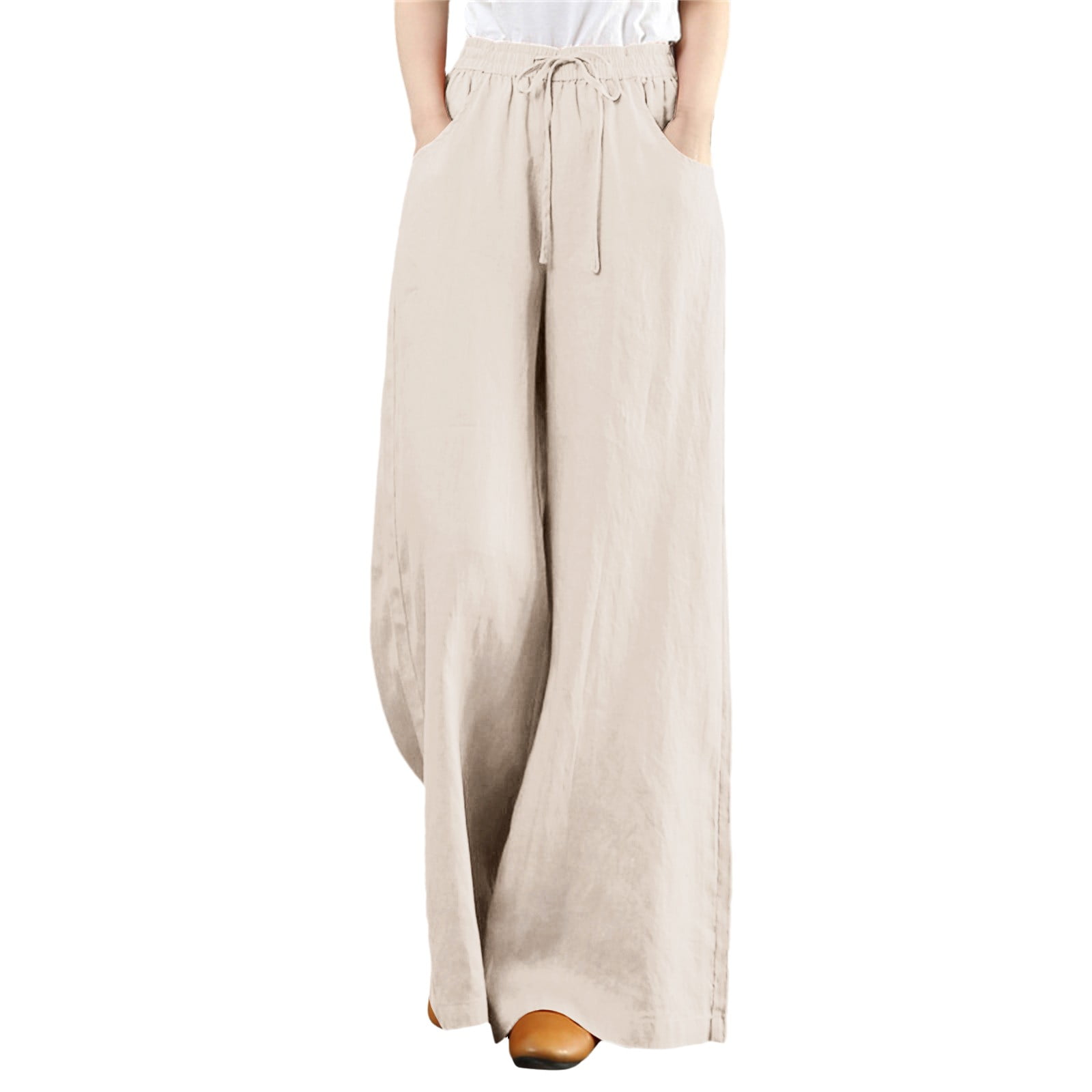 Daznico Women Summer Solid Wide Leg Pants High Waisted Loose Pants Wide Leg  Long Pant Trousers With Pocket Pants for Women Beige S