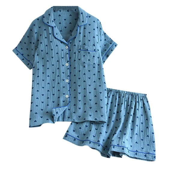 Daznico Women's 2-Piece Heart Print Pajama Set, Cotton Gauze Short Sleeve Button-Up Top & Shorts, Casual Sleepwear,M
