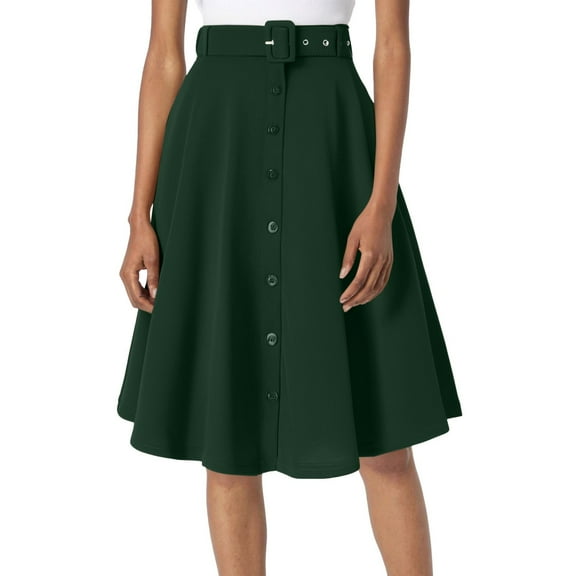Daznico Women's A-Line Flared Midi Skirt, Vintage High Waisted Button-Down Swing Skirt with Pockets and Belt,Size XL