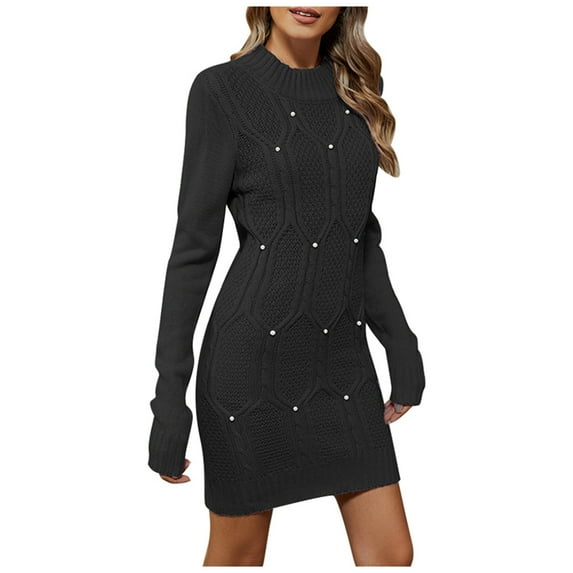 Daznico Women's Autumn Winter Long Sleeve Round Neck Knitted Dress with Beaded Details and Wrapped Skirt,Womens Sweater Dress,Size XL