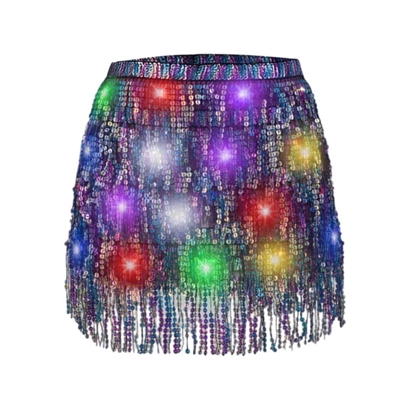 Daznico Women's Belly Dance Towel Sequined Tassels LED Ambient Lighting Performance Stage Skirt,Mardi Gras Clothing,Mardi Gras Skirt,One Size