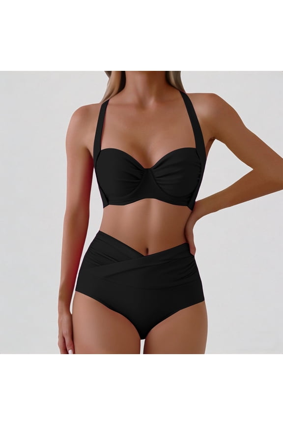 Women's Bikini Set, Underwire Twist Front Top with Wrap High Waist Bottoms,M