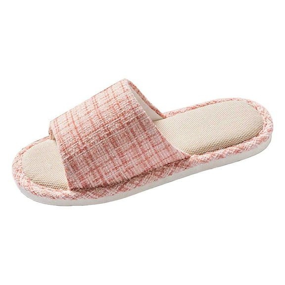 Daznico Women's Breathable Linen Slippers Indoor/Outdoor Non- Comfortable Flat House Shoes for Home Casual Wear,Color:Pink,Size:8.5