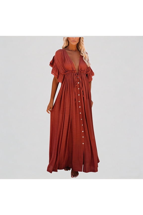 Women's Button Button Waist Rope Long Dress Cardigan Vacation Beach Jacket Sunscreen Jacket Long Skirt Bikini Cover Up,One Size