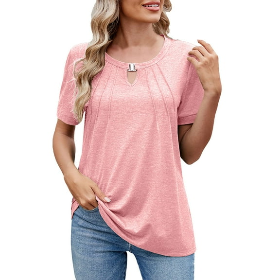 Daznico Women's Casual Solid Color Keyhole Round Neck Short Sleeve T-Shirt, Loose Fit Top,Size L