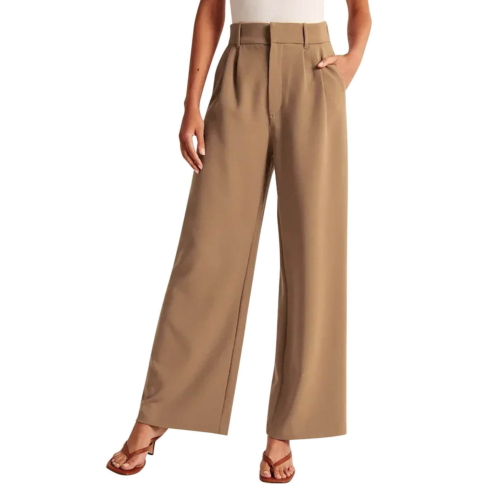 Daznico Women's Casual Solid Wide Leg Dress Pants High Waist Tailored  Button Down Trousers With Pockets Pants for Women Khaki XL