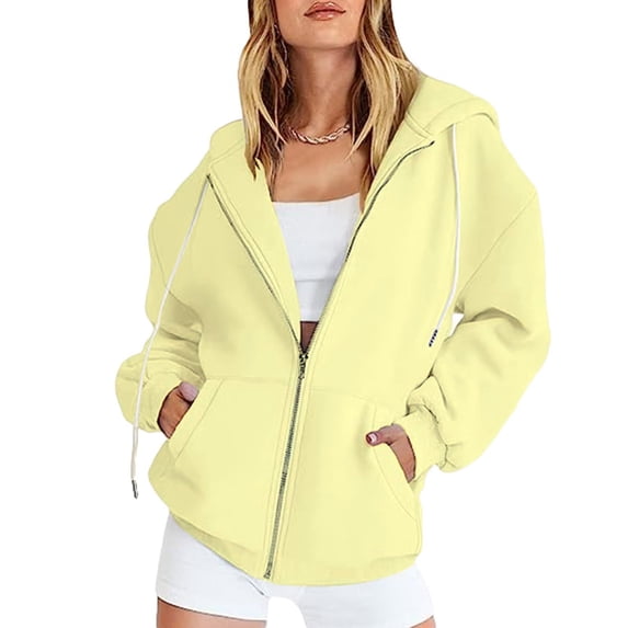 Daznico Women's Casual Zip-Up Hoodie with Pockets - Long Sleeve Pullover Sweatshirt,Zip Up Hoodie Women,Zip Up Sweatshirt Women,Color: Light Yellow Size: M