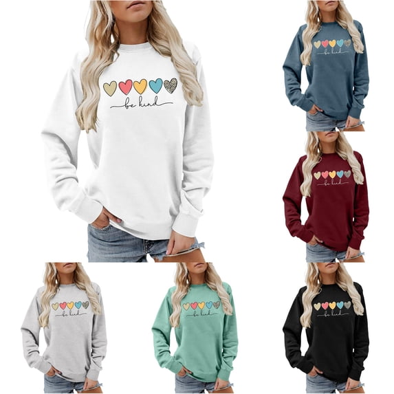 Daznico Women's Classic Ribbed Crew Neck Pullover Sweatshirt Multi Pattern Heart Graphic Drop Shoulder Long Sleeve Soft Loose Top for Daily,M
