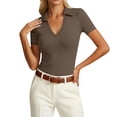 thumbnail image 1 of Daznico Women's Collared V Neck Ribbed Knit Polo Shirt Short Sleeve Casual Fitted Solid Tops,L, 1 of 4