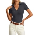 thumbnail image 1 of Daznico Women's Collared V Neck Ribbed Knit Polo Shirt Short Sleeve Casual Fitted Solid Tops,S, 1 of 3