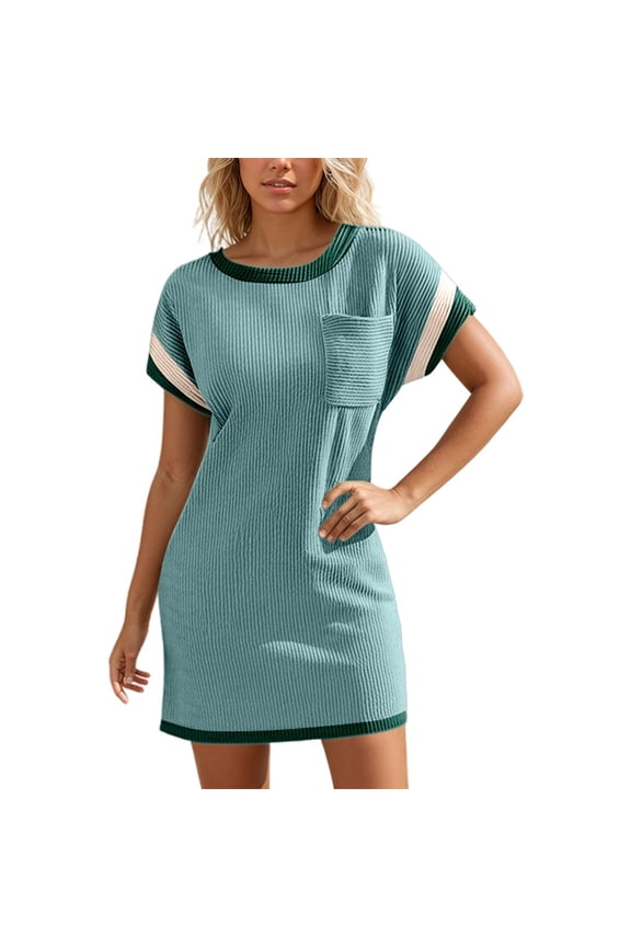 Women's Contrast Trim Ribbed Knit Shift Mini Dress, Casual Short Sleeve Pocket Dress for Summer Daily Wear,S