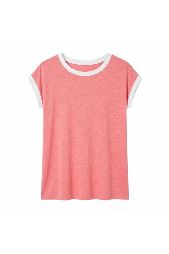Women's Crew Neck Ringer Short Sleeve T Shirt Casual Summer White Trim Tops,XXL