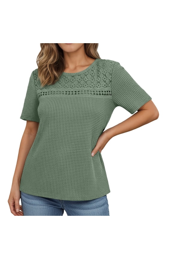 Women's Crew Neck Waffle Knit Top, Short Sleeve Lace Yoke Casual Breathable Summer Tee,M