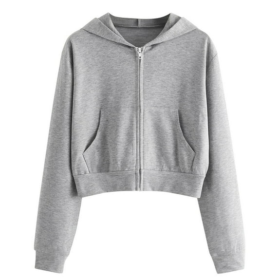 Daznico Women's Cropped Zip Up Hoodie Casual Long Sleeve Pullover Sweatshirt with Pockets,Zip Up Hoodie Women,Zip Up Sweatshirt Women,Color: Grey Size: S