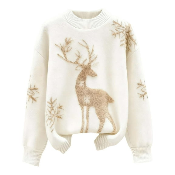 Daznico Women's Deer Pattern Knit Sweater | Cozy Loose Fit Crewneck Pullover for Fall Winter Comfort,Size:M