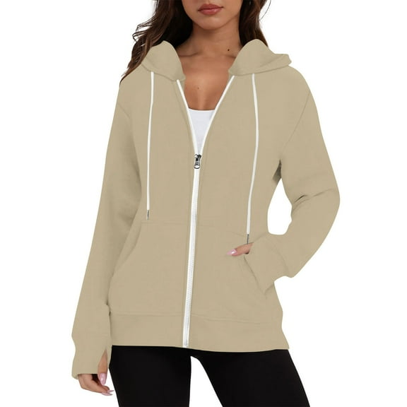 Daznico Women's Zip Hoodie - Thumbhole Long Sleeve with Drawstring & Pocket, Solid Color Casual Pullover,Zip Up Hoodie Women,Zip Up Sweatshirt Women,Color: Khaki Size: XL