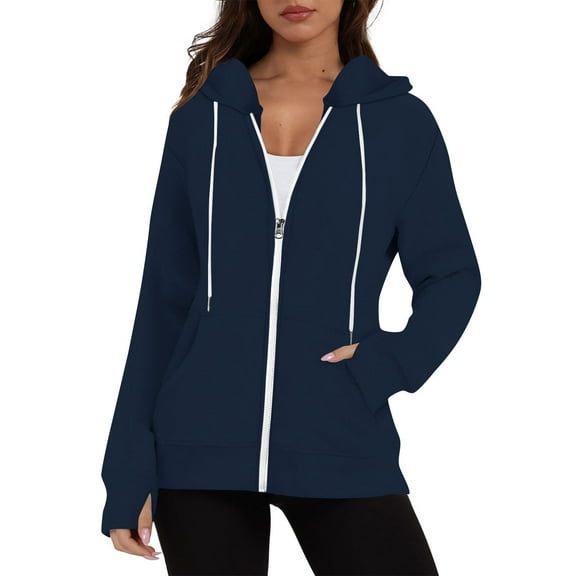 Daznico Women's Zip Hoodie - Thumbhole Long Sleeve with Drawstring & Pocket, Solid Color Casual Pullover,Zip Up Hoodie Women,Zip Up Sweatshirt Women,Color: Navy Size: M