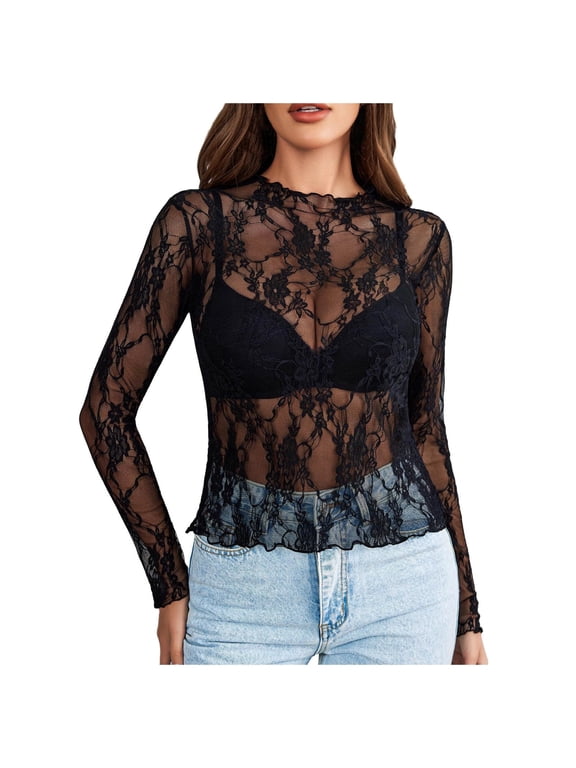 Women's Floral Lace Mesh Top Long Sleeve Neck Sheer Blouse Breathable See Through Shirt for Layering,Size:XL