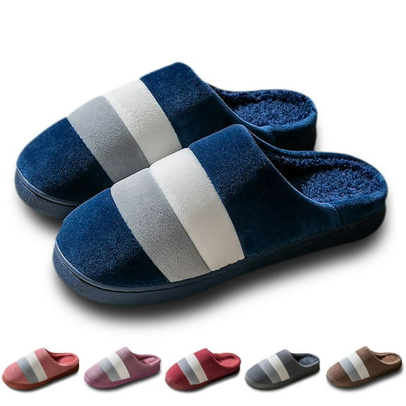 Daznico Women's Furry Slippers - Non- Winter Home Shoes with Striped Print, Cozy Plush Comfort & Thick Sole,Color:Navy,Size:8.5