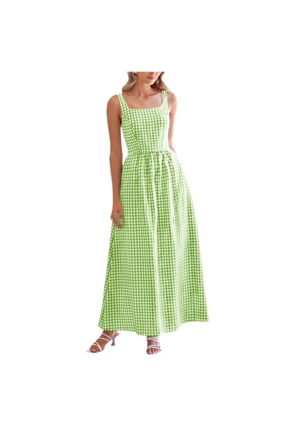 Women's Gingham Maxi Dress Square Neck Sleeveless Smocked Waist Casual Summer Dress,XXL