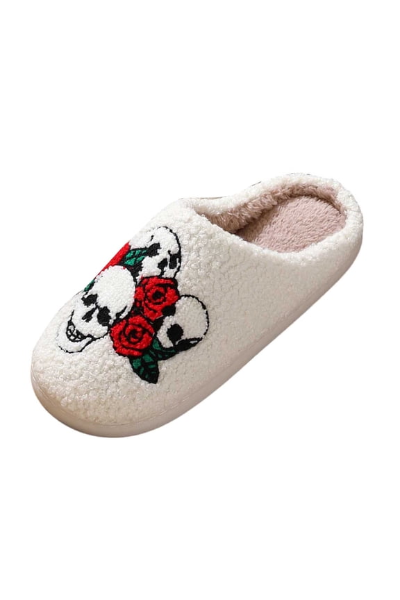 Women's Halloween Slippers Skull Embroidery Non- Indoor Outdoor House Shoes Soft Plush Warm Cozy for Fall Winter Home,Color:2 White,Sizeï¼6.5