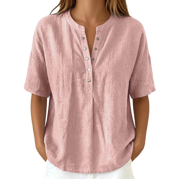 Daznico Women's Henley V Notch Neck Linen Blend Blouse Short Sleeve Casual Summer Loose Fit Solid Tops,M