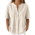 thumbnail image 1 of Daznico Women's Henley V Notch Neck Linen Blend Blouse Short Sleeve Casual Summer Loose Fit Solid Tops,XL, 1 of 6